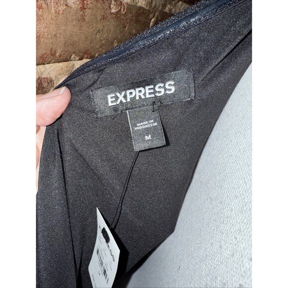 Express Black Mesh Polka Dot One Shoulder Bow Midi Sheath Dress Sz M Holiday - Picture 8 of 9